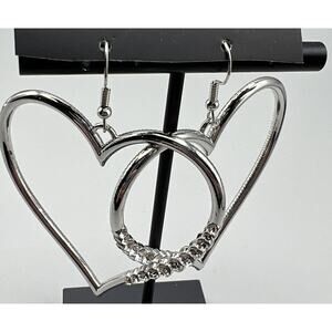 Jewelry Earrings Dangle 2" Heart Acrylic Clear Rhinestones Silver Tone